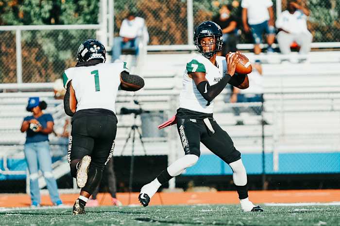 Week 7: Langston Hughes quarterback Prentiss “Air” Noland looks for a receiver during the Panthers’ 31-24 win at Westlake. (Photo by Macen Howells)